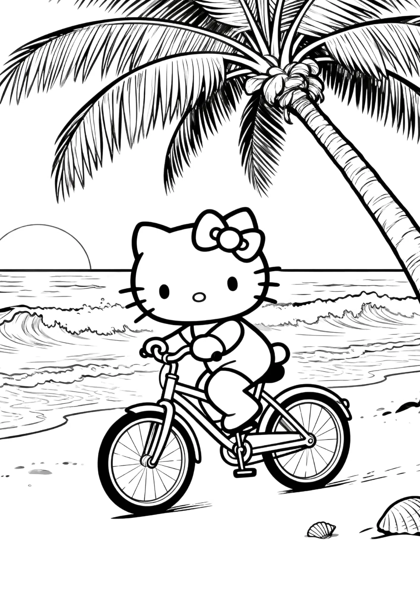 hello kitty riding bicycle beach scene palm tree ocean sunset seashells black white outline coloring page kids