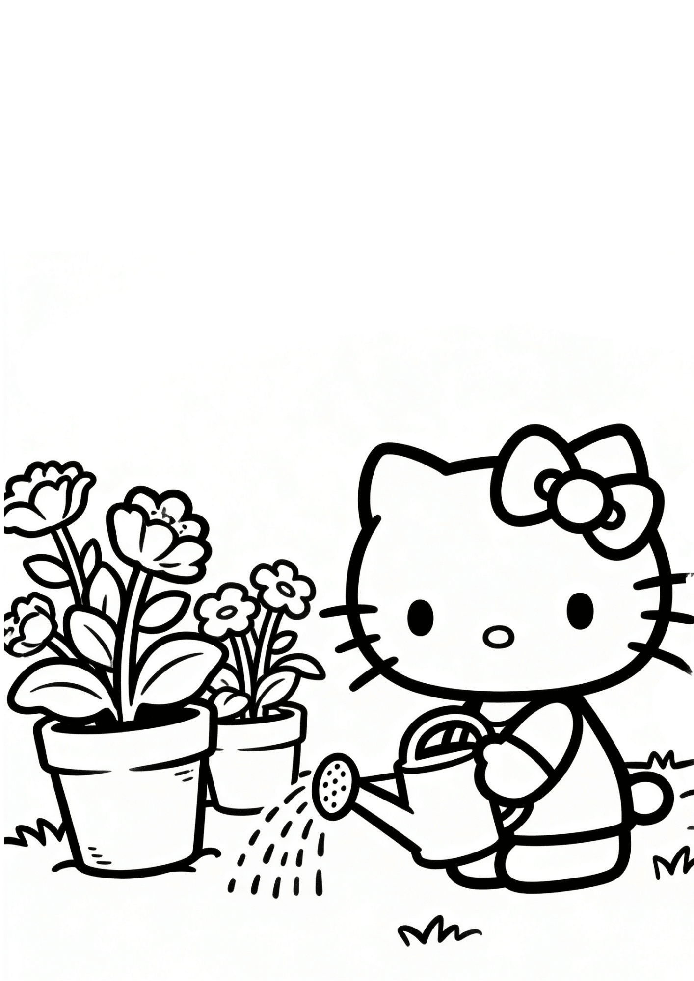 gardening flowers hello kitty plants watering can outline coloring page black white printable kids nature sheet