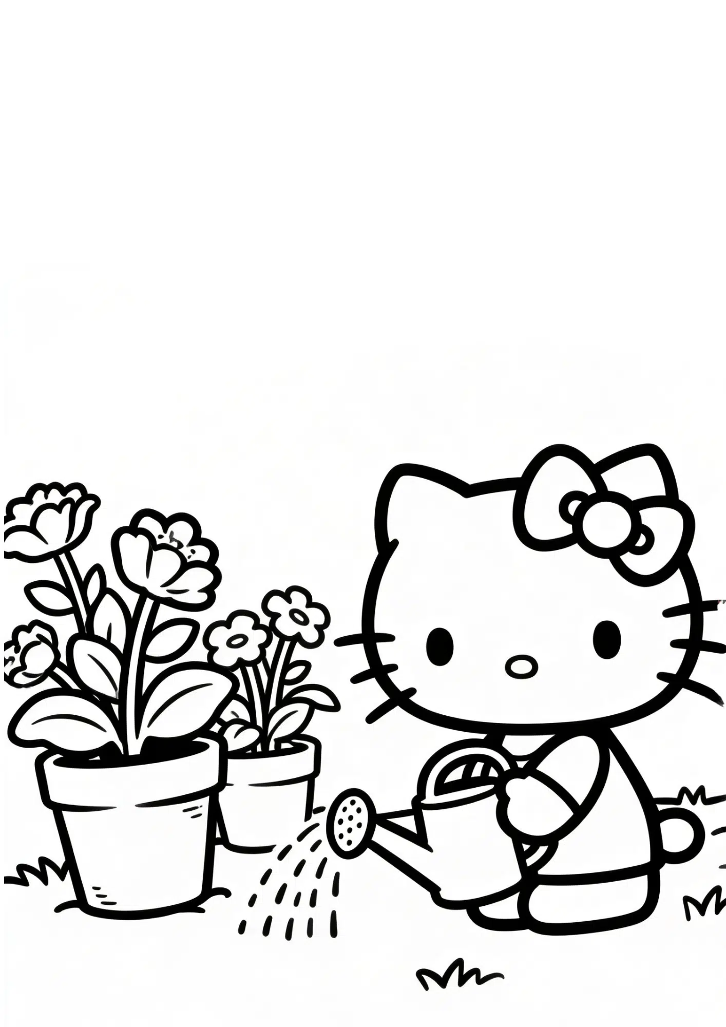 gardening flowers hello kitty plants watering can outline coloring page black white printable kids nature sheet