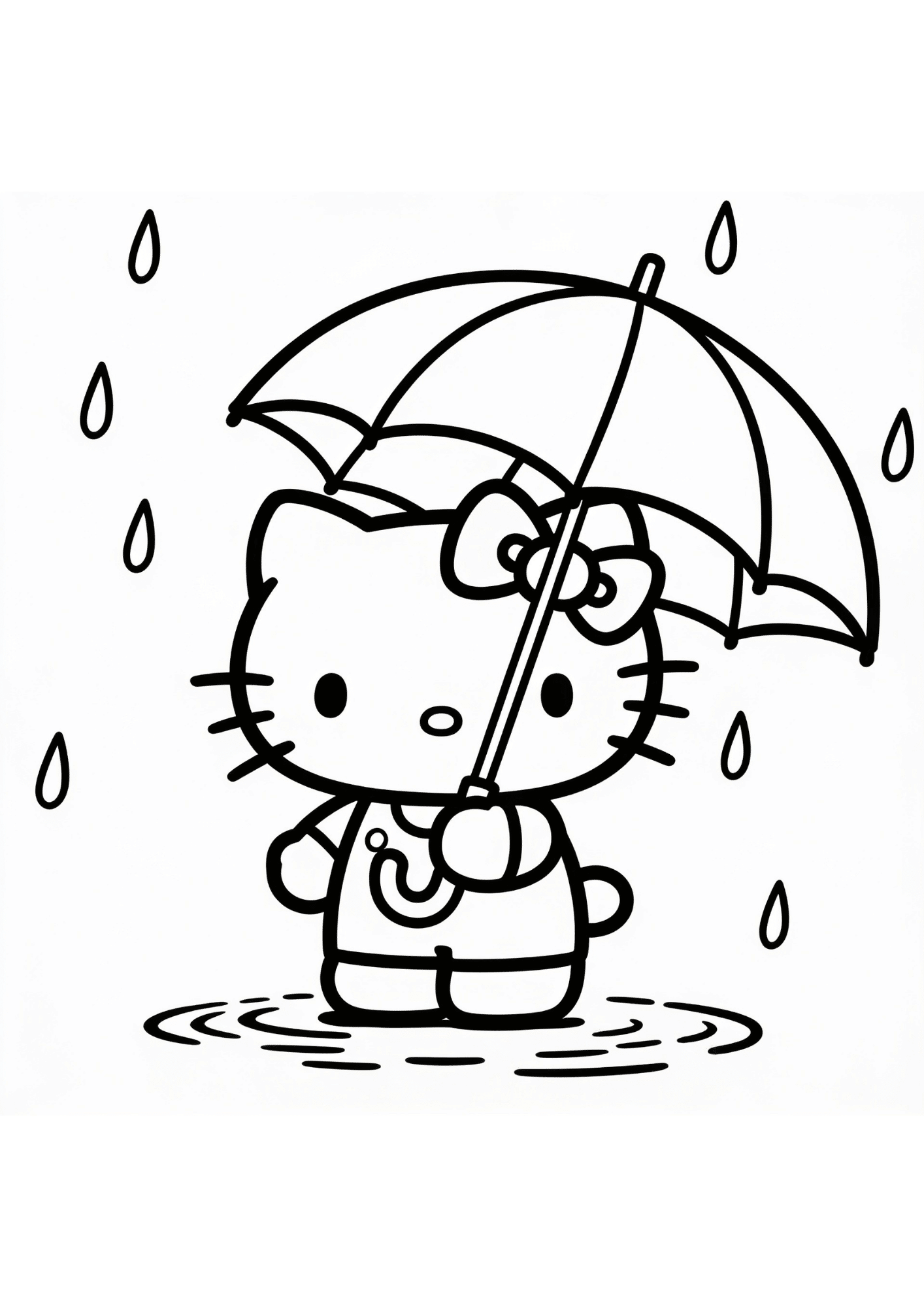 rainy day umbrella walk hello kitty weather scene outline coloring page black white printable kids sheet