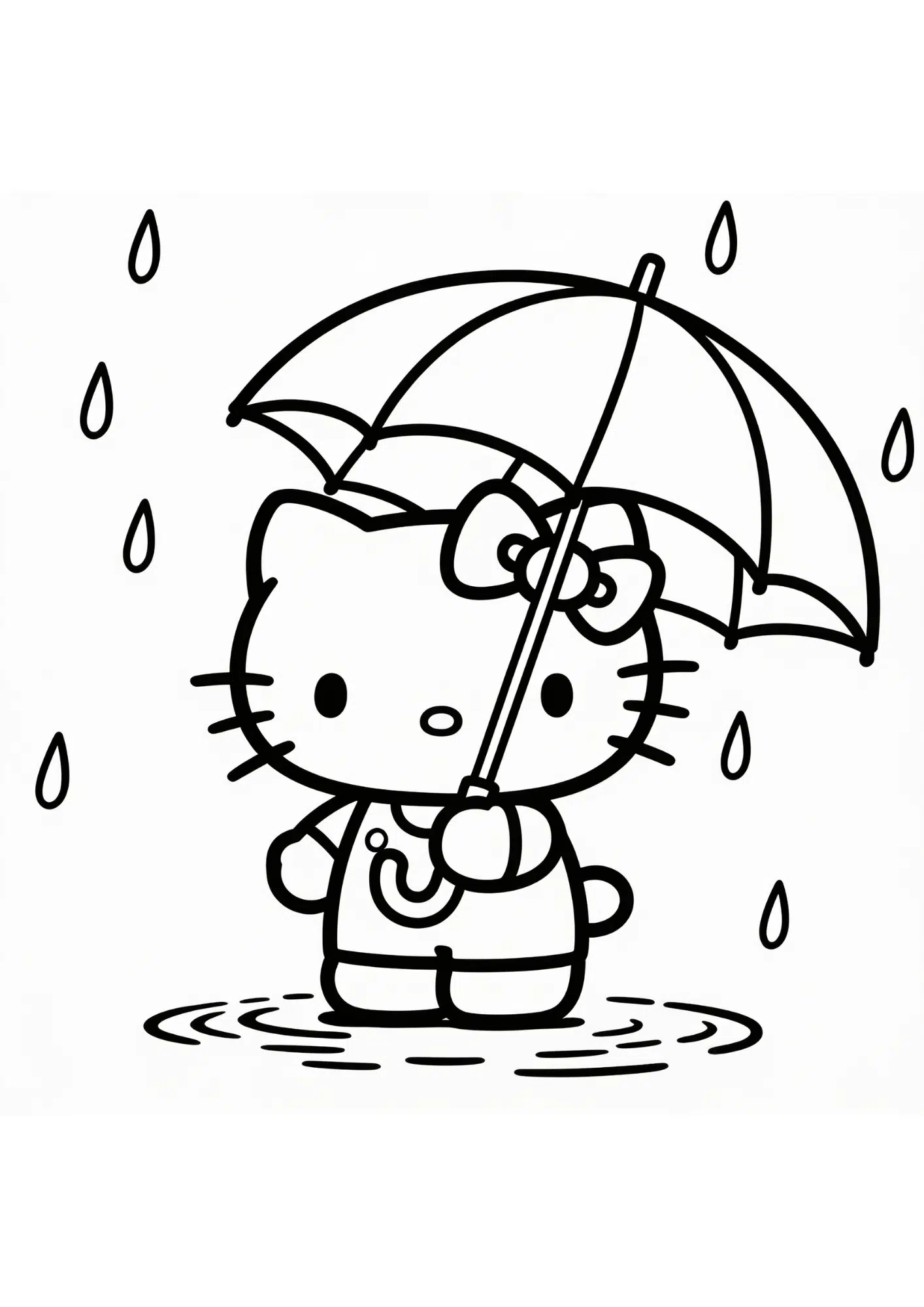 rainy day umbrella walk hello kitty weather scene outline coloring page black white printable kids sheet
