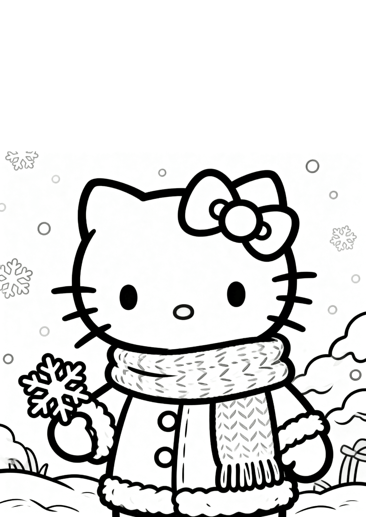 hello kitty winter coloring page scarf snowflake cute character black white outline printabl kids sheet winter scenecute
