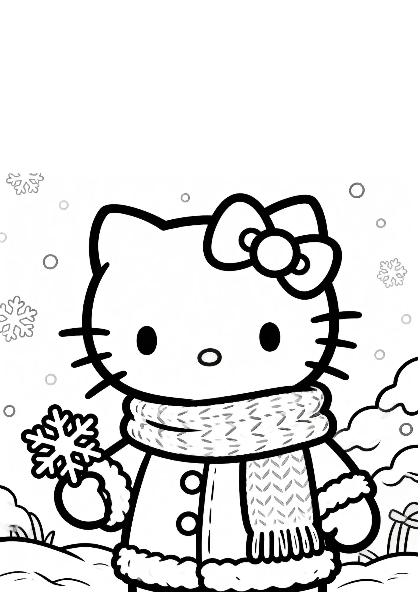 hello kitty winter coloring page scarf snowflake cute character black white outline printabl kids sheet winter scenecute