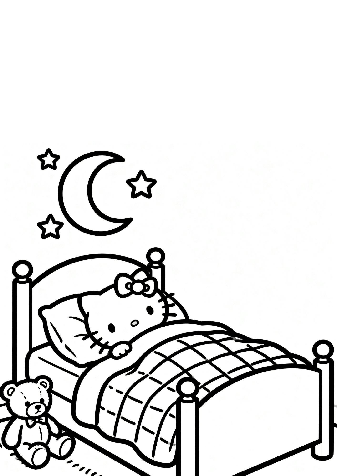 hello kitty sleeping in bed cozy blanket moon stars teddy bear black white outline coloring page printable kids sheet fun