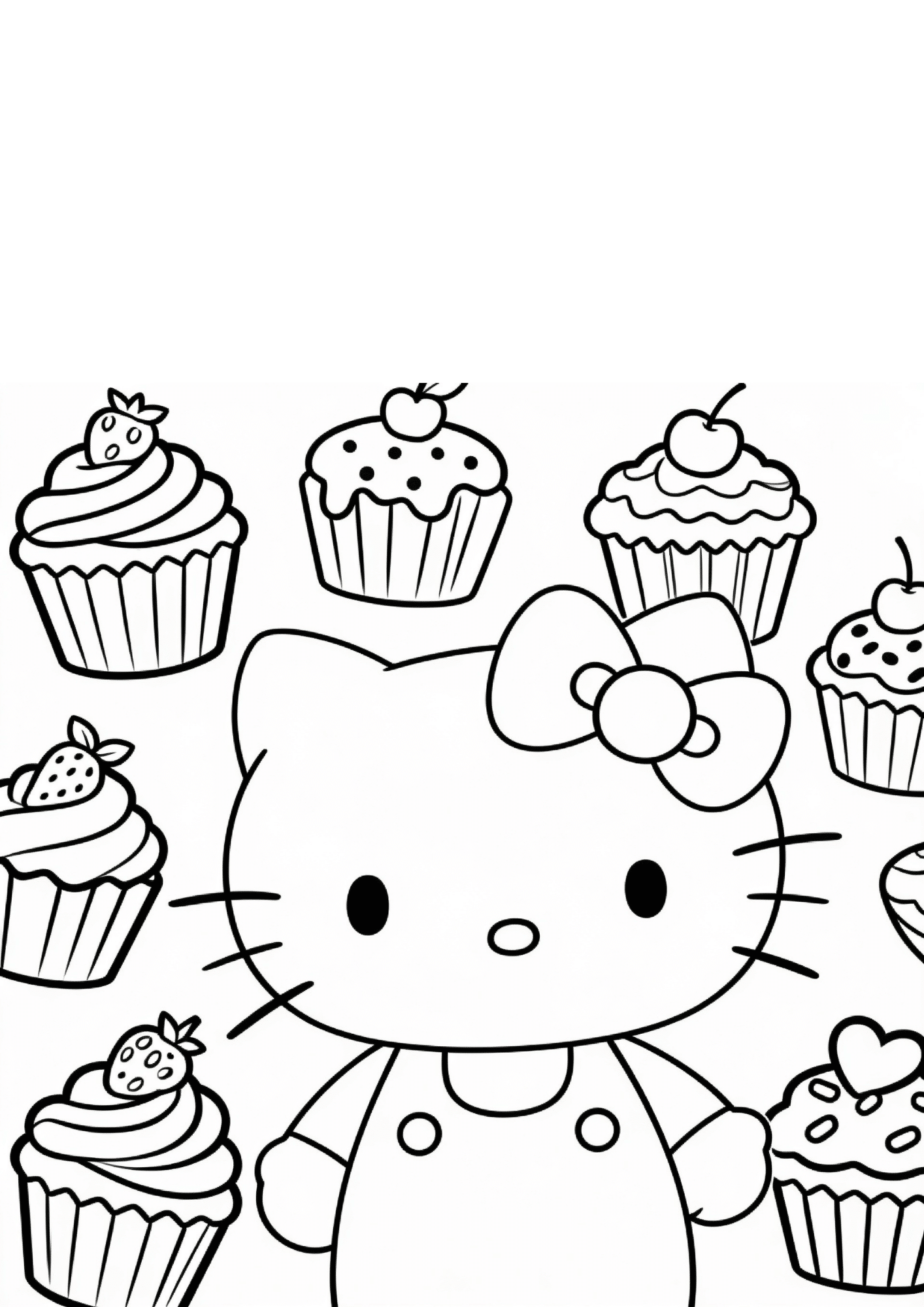cupcake scene hello kitty sweet desserts outline coloring page black white printable kids baking sheet fun