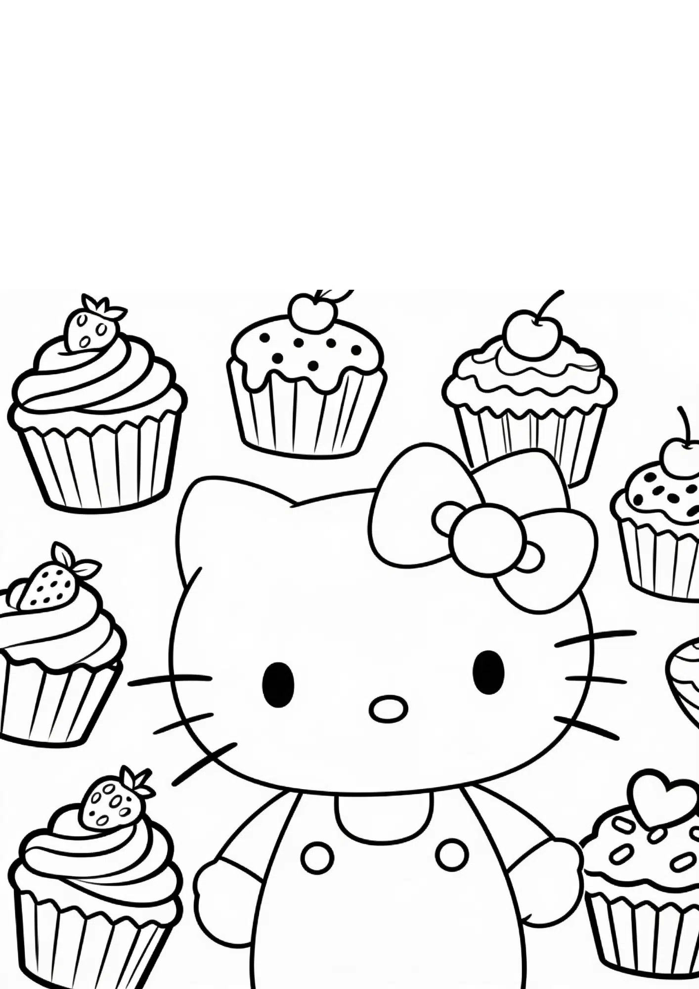 cupcake scene hello kitty sweet desserts outline coloring page black white printable kids baking sheet fun