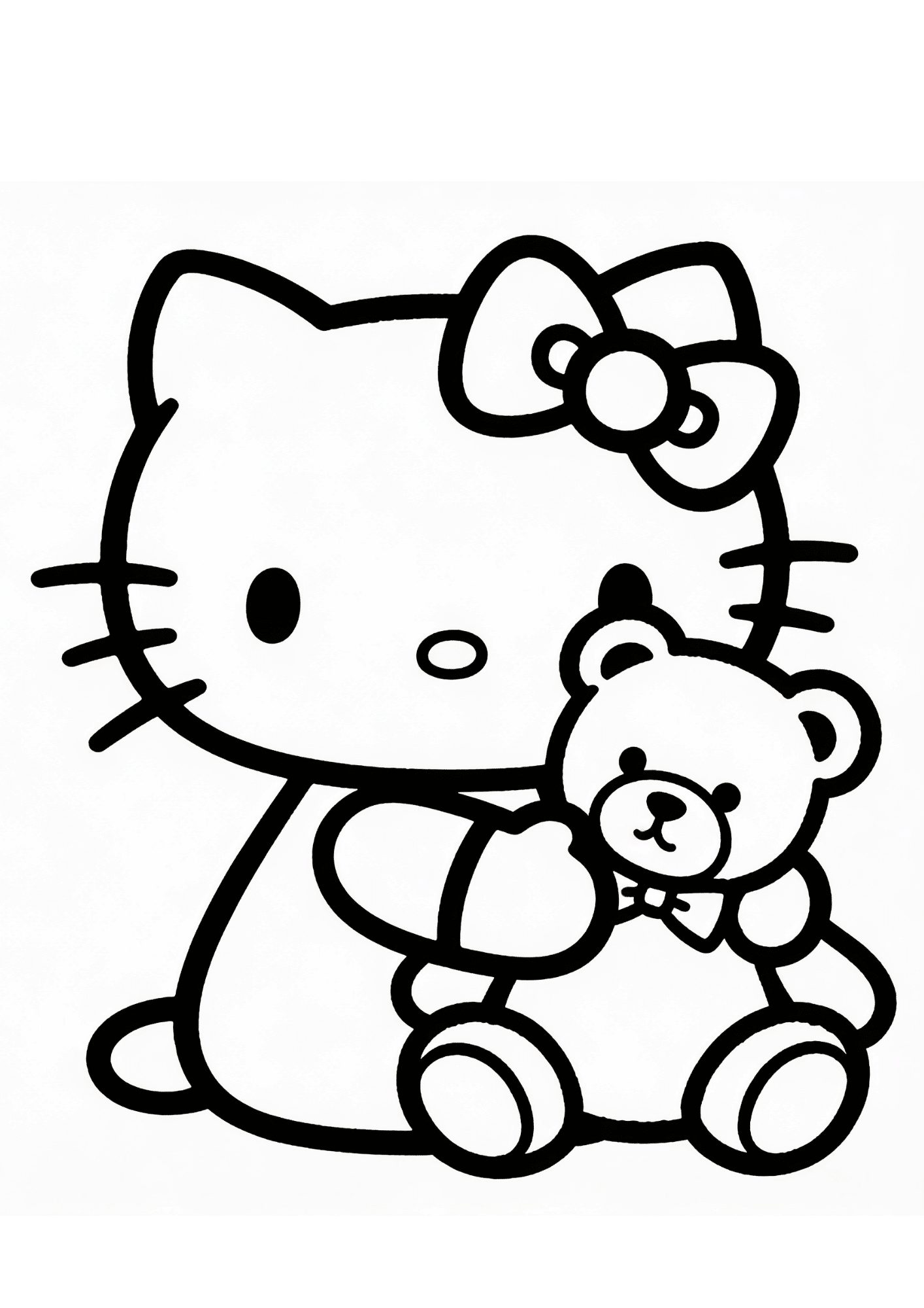 teddy bear hug hello kitty friendship scene outline coloring page black white printable kids cozy sheet