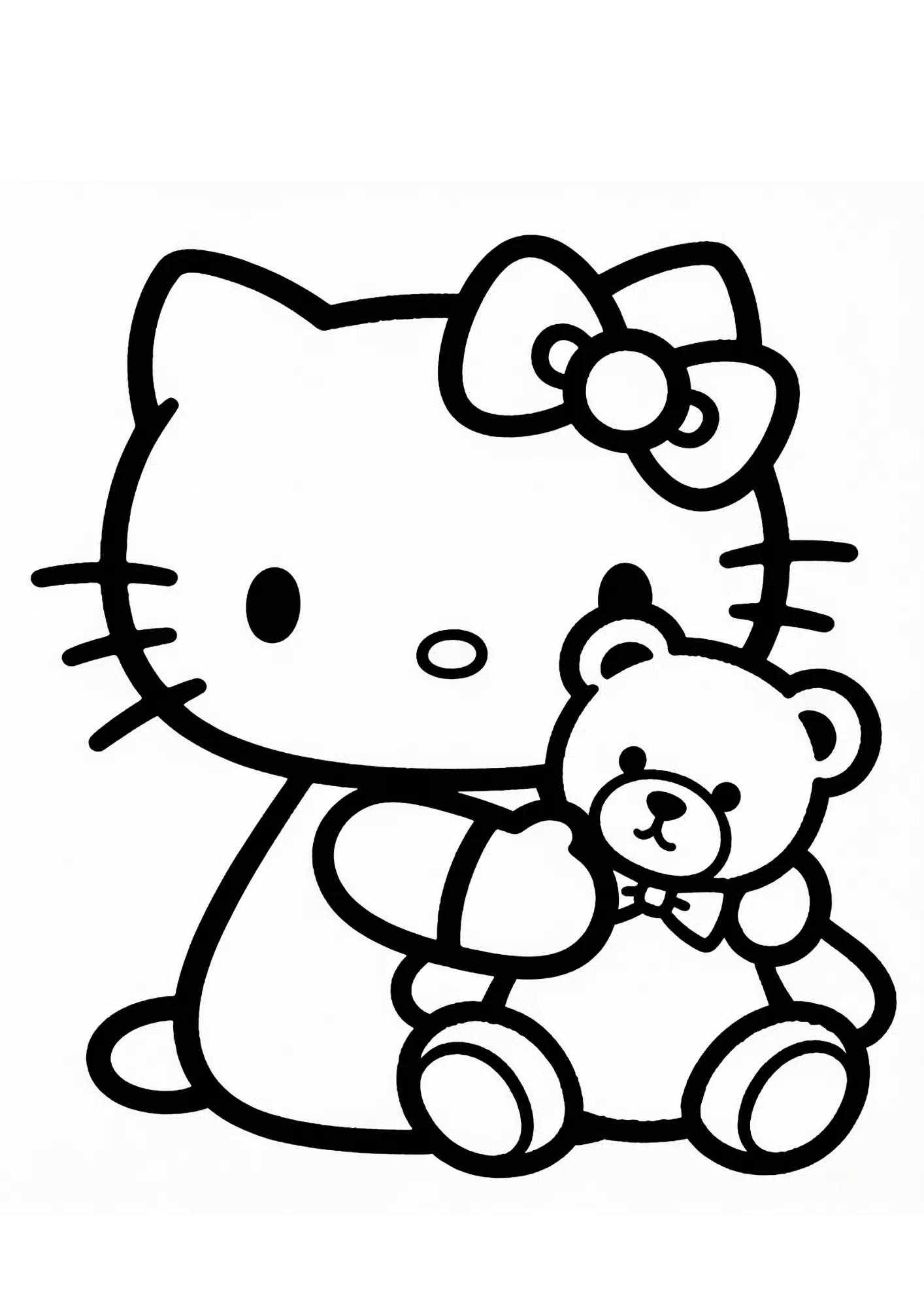 teddy bear hug hello kitty friendship scene outline coloring page black white printable kids cozy sheet