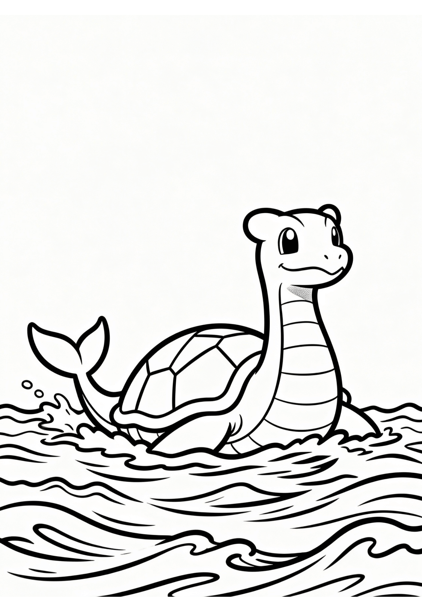 lapras coloring page printable black outline swimming in calm ocean waves kids coloring sheet clean line art white bg