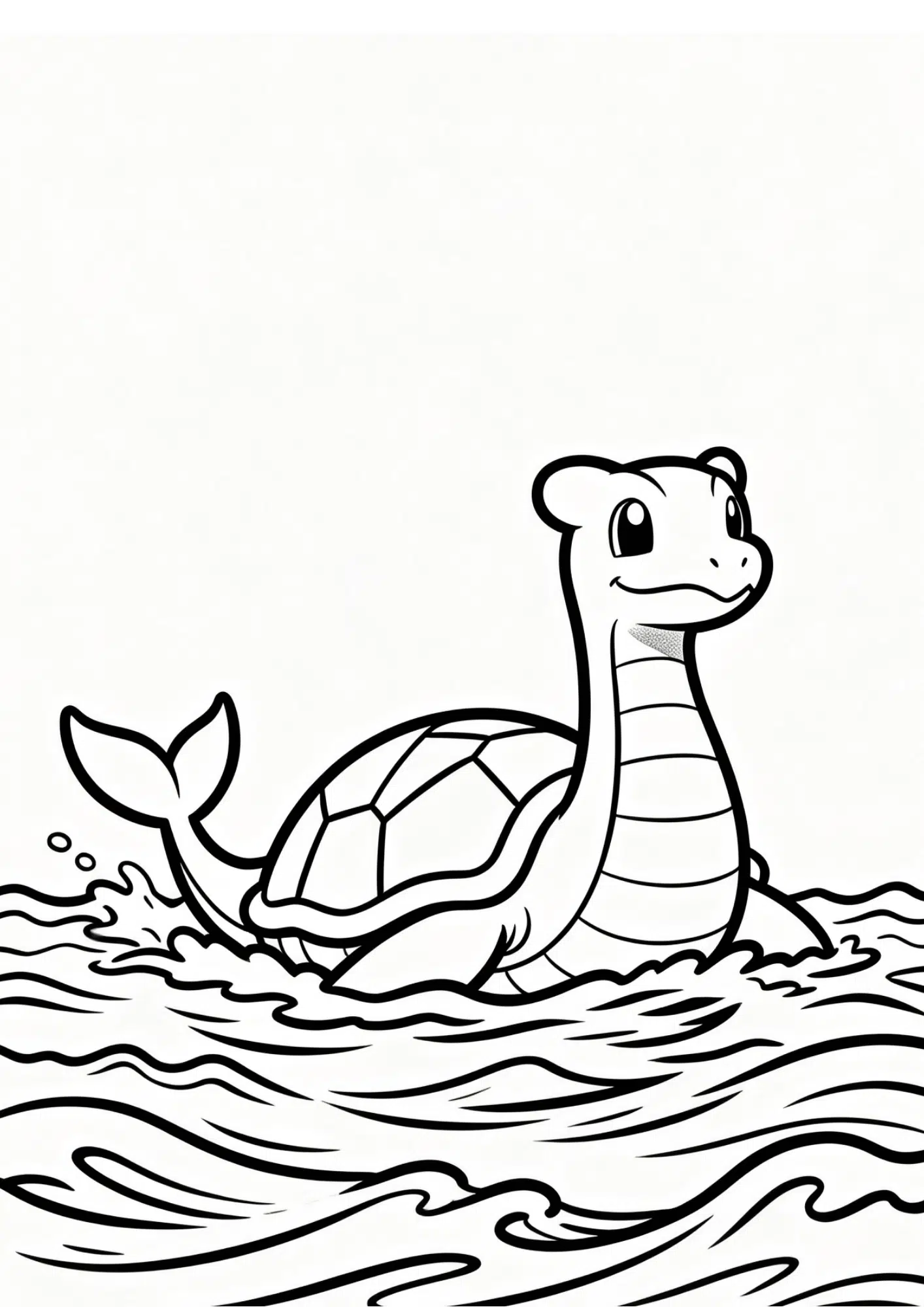 lapras coloring page printable black outline swimming in calm ocean waves kids coloring sheet clean line art white bg