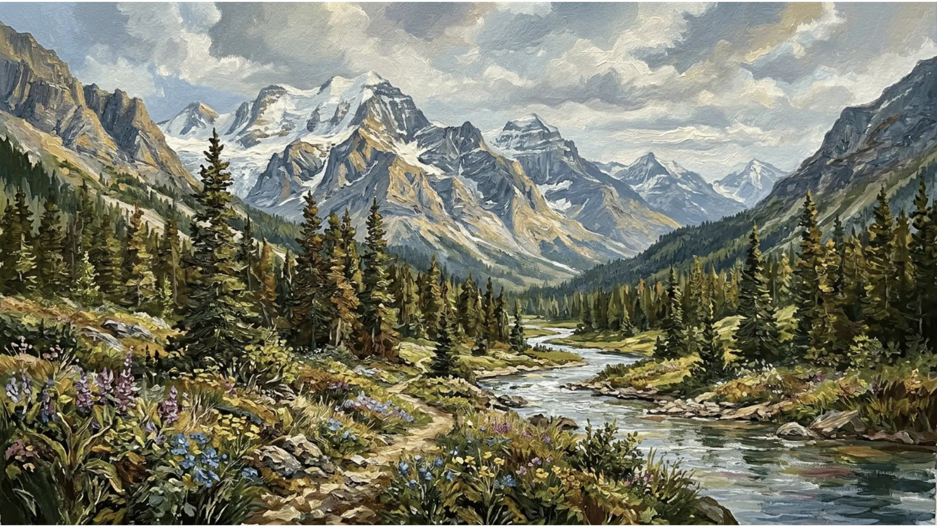 layered acrylic landscape painting showing depth and dimension through paint layers