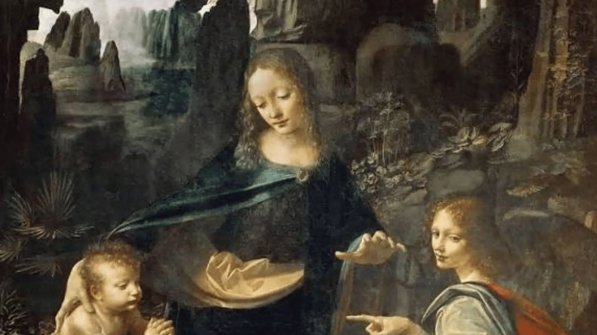Leonardo da Vinci's painting Virgin of the Rocks, depicting Mary with the infant Jesus and an angel