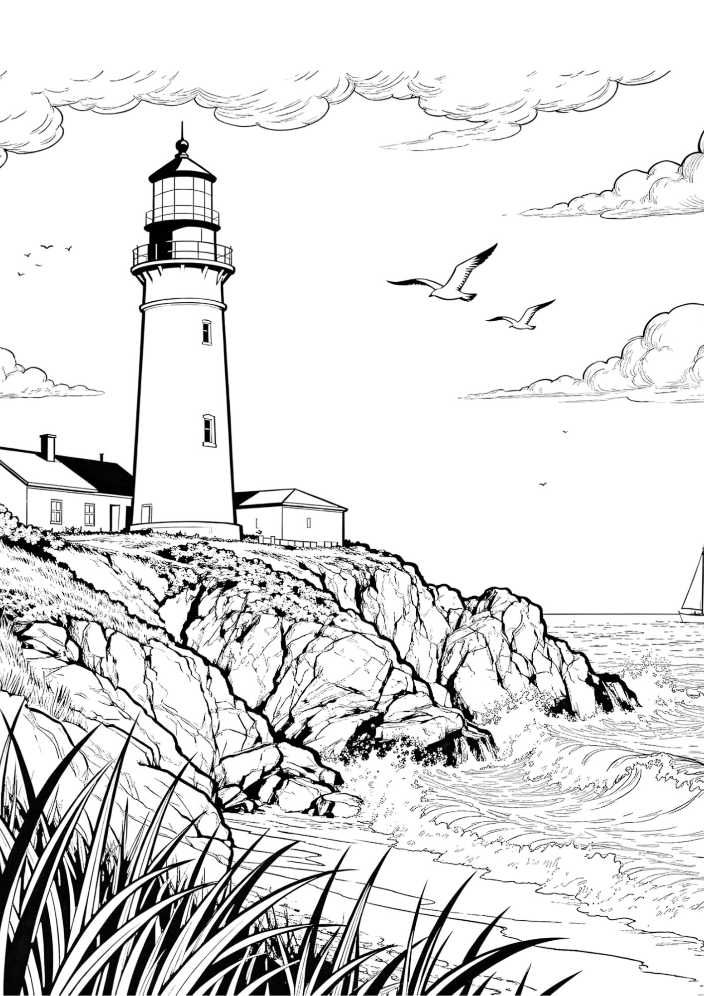 lighthouse on rocky cliff with ocean waves and sailboat black outline coloring page coastal seaside scene for kids