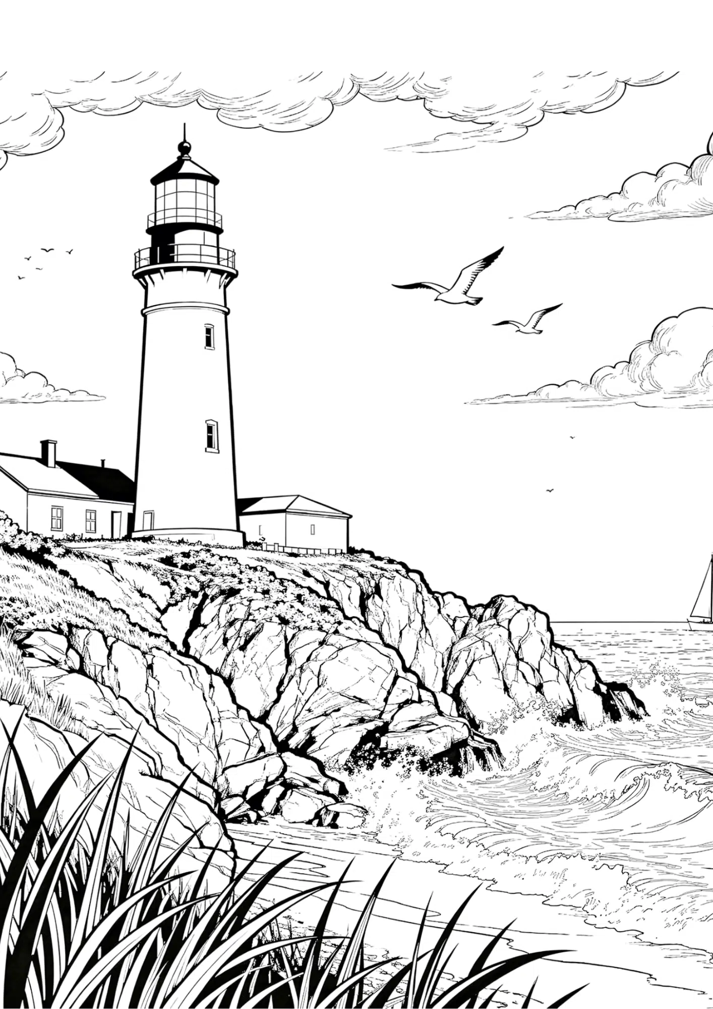 lighthouse on rocky cliff with ocean waves and sailboat black outline coloring page coastal seaside scene for kids
