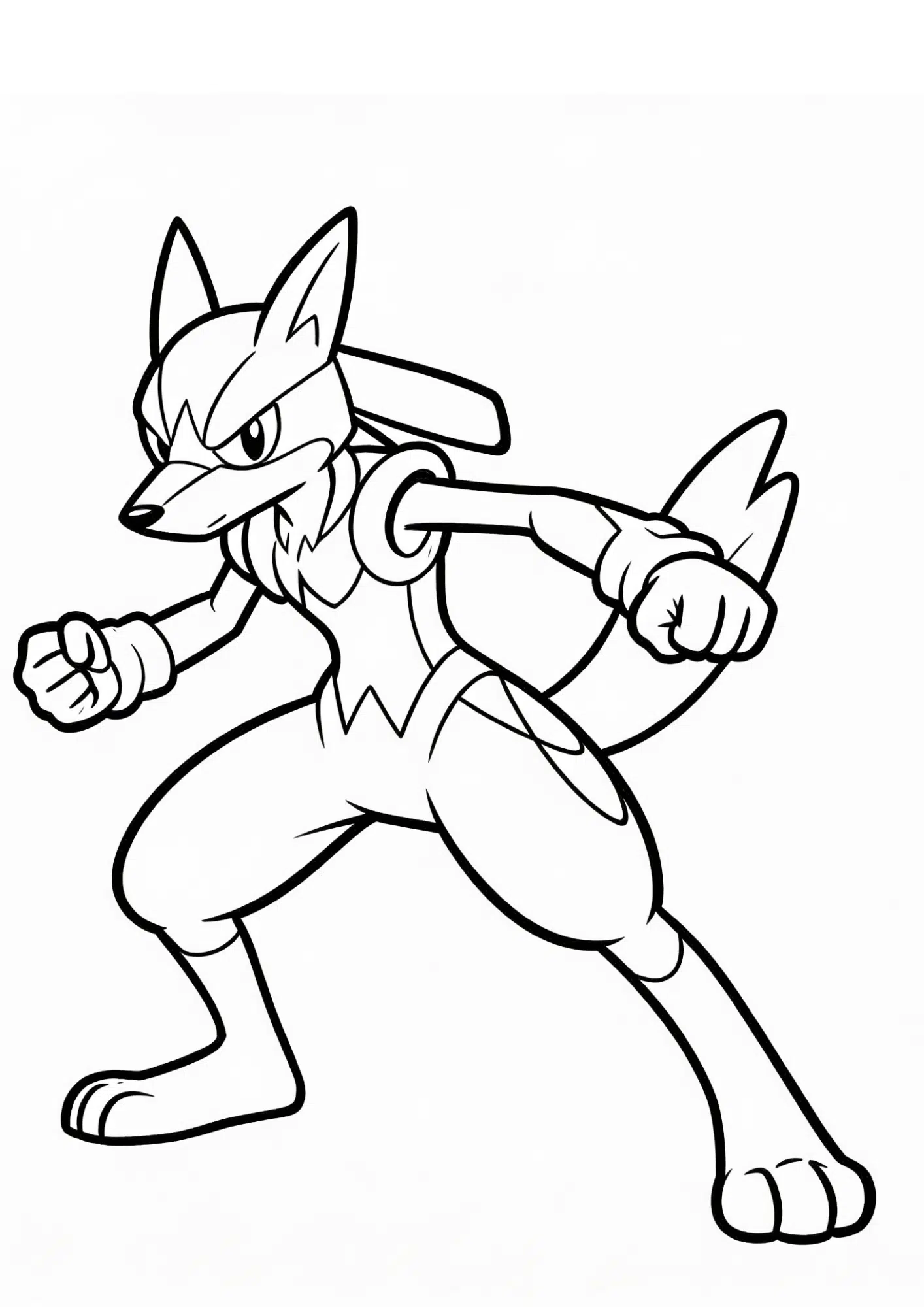 lucario coloring page printable black outline battle ready stance fighting aura kids coloring sheet clean line art