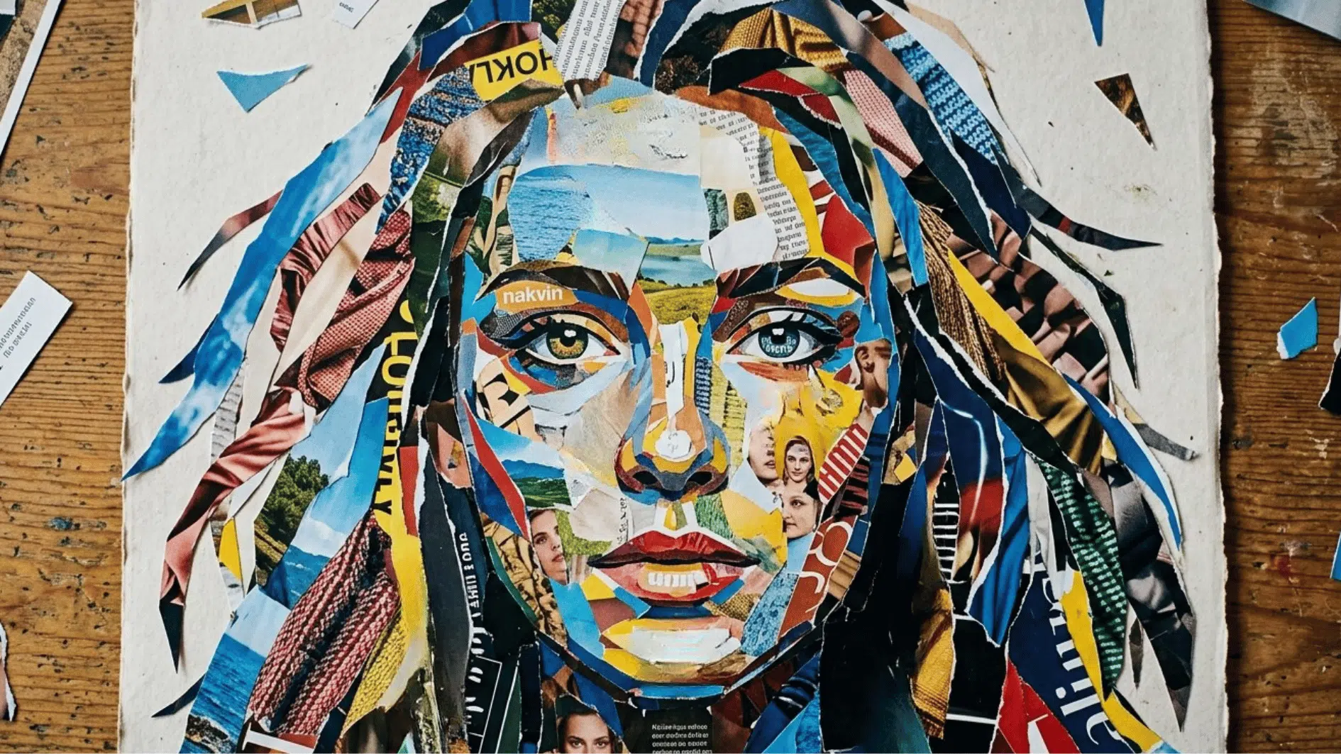 magazine collage portrait made with cut outs of newspaper