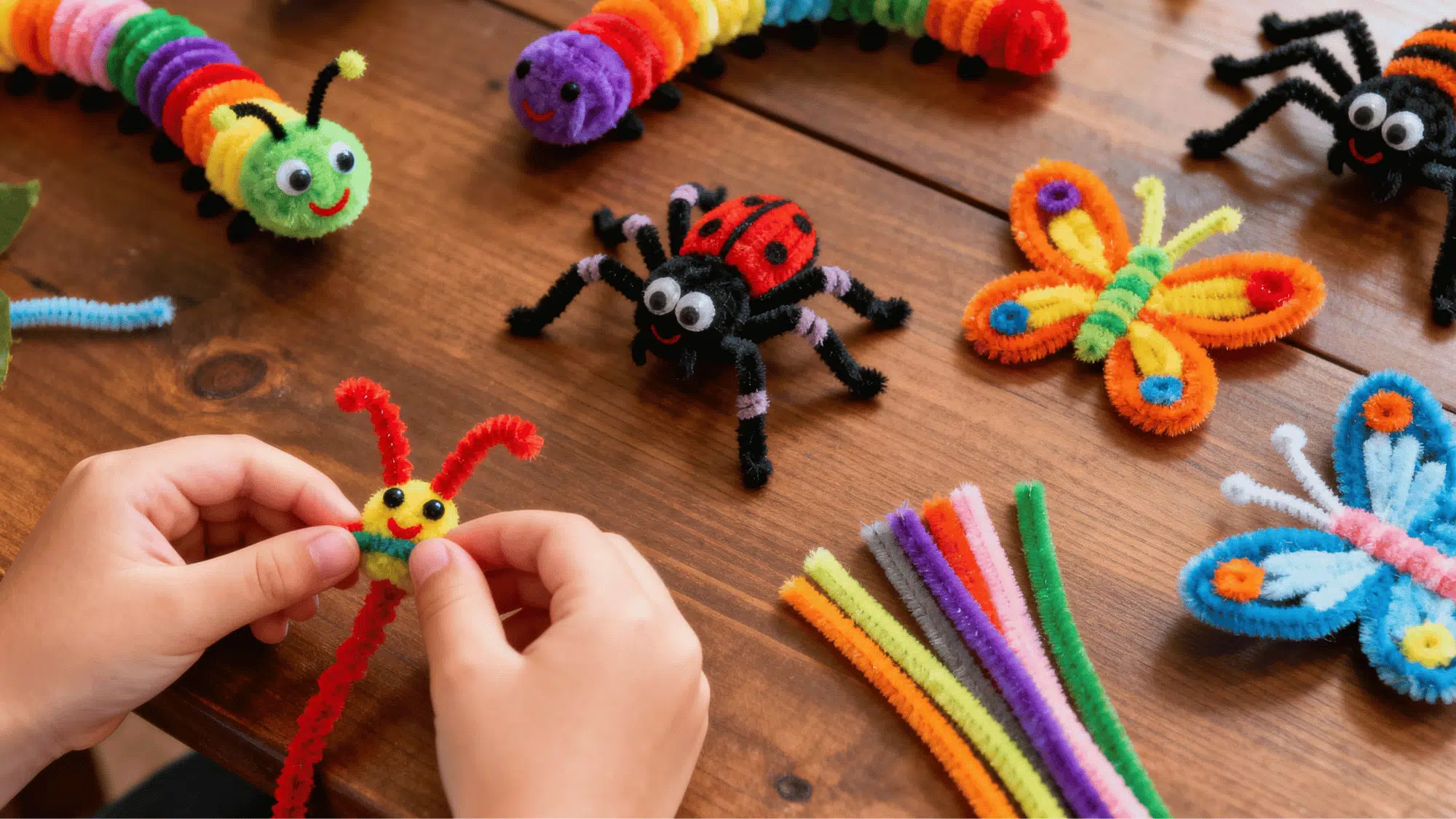 Pipe cleaner critters in various shapes and colors for children’s crafts