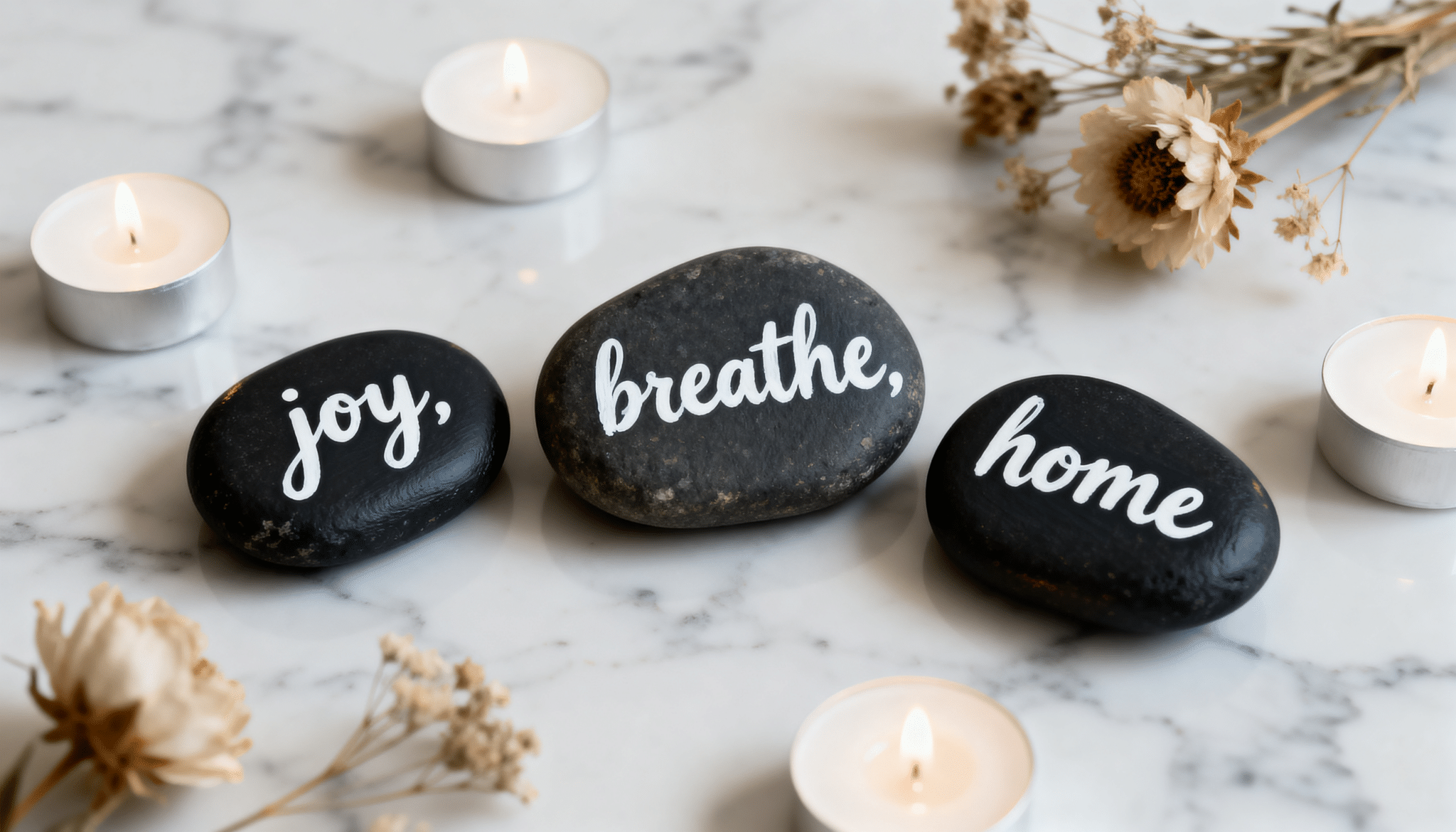 Dark painted rocks with white lettered words joy breathe home