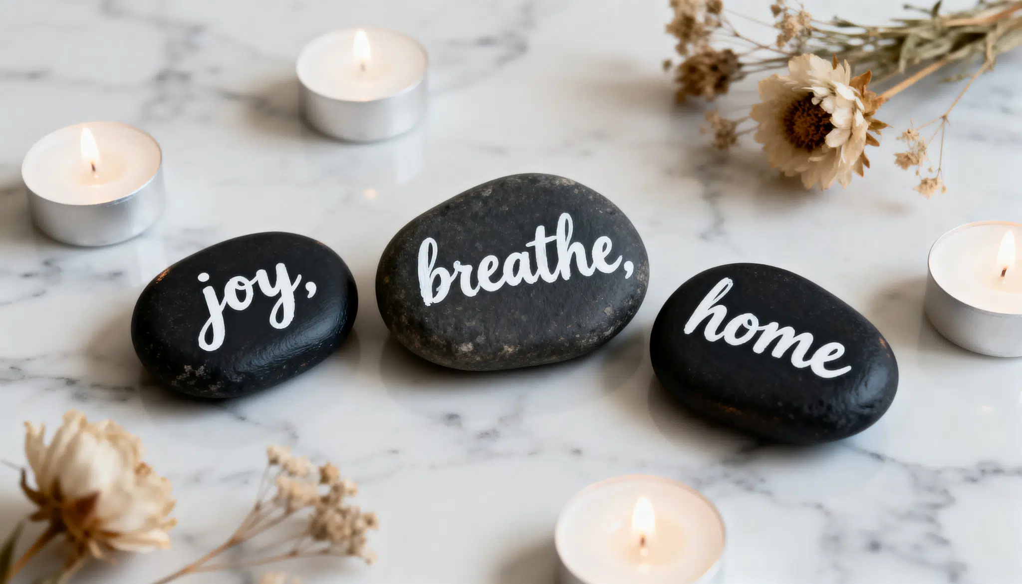 Dark painted rocks with white lettered words joy breathe home