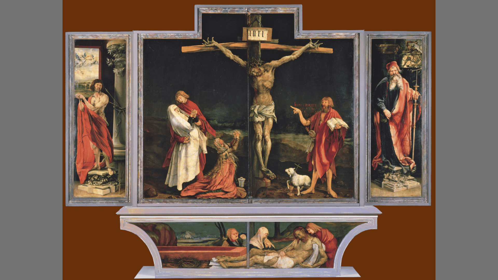 Matthias Grünewald's Isenheim Altarpiece painting, depicting the crucifixion of Jesus Christ with mourners