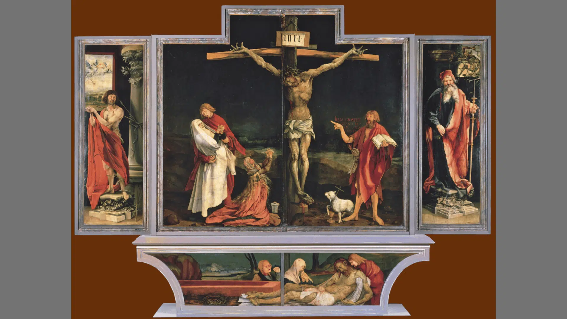 Matthias Grünewald's Isenheim Altarpiece painting, depicting the crucifixion of Jesus Christ with mourners