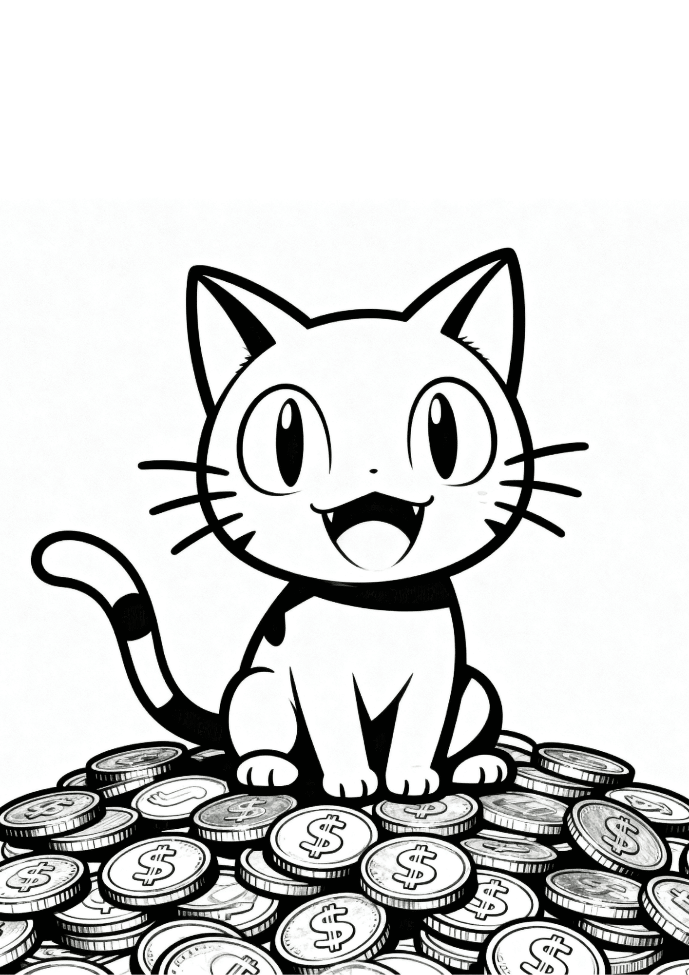 meowth coloring page printable black outline sitting on coins happy expression kids coloring sheet clean line art white background