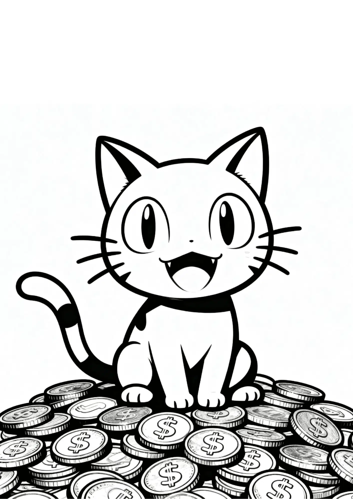 meowth coloring page printable black outline sitting on coins happy expression kids coloring sheet clean line art white background