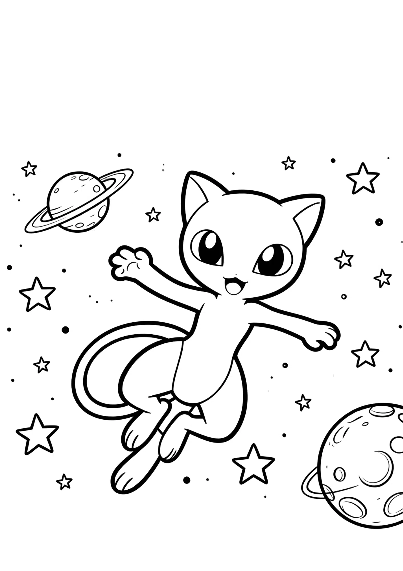 mew coloring page printable black outline floating in space playful mythical pokemon kids coloring sheet clean line art