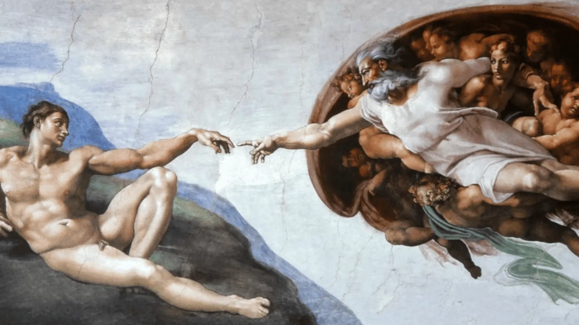 Michelangelo's Sistine painting, The Creation of Adam, showing the near-touching hands of God and Adam