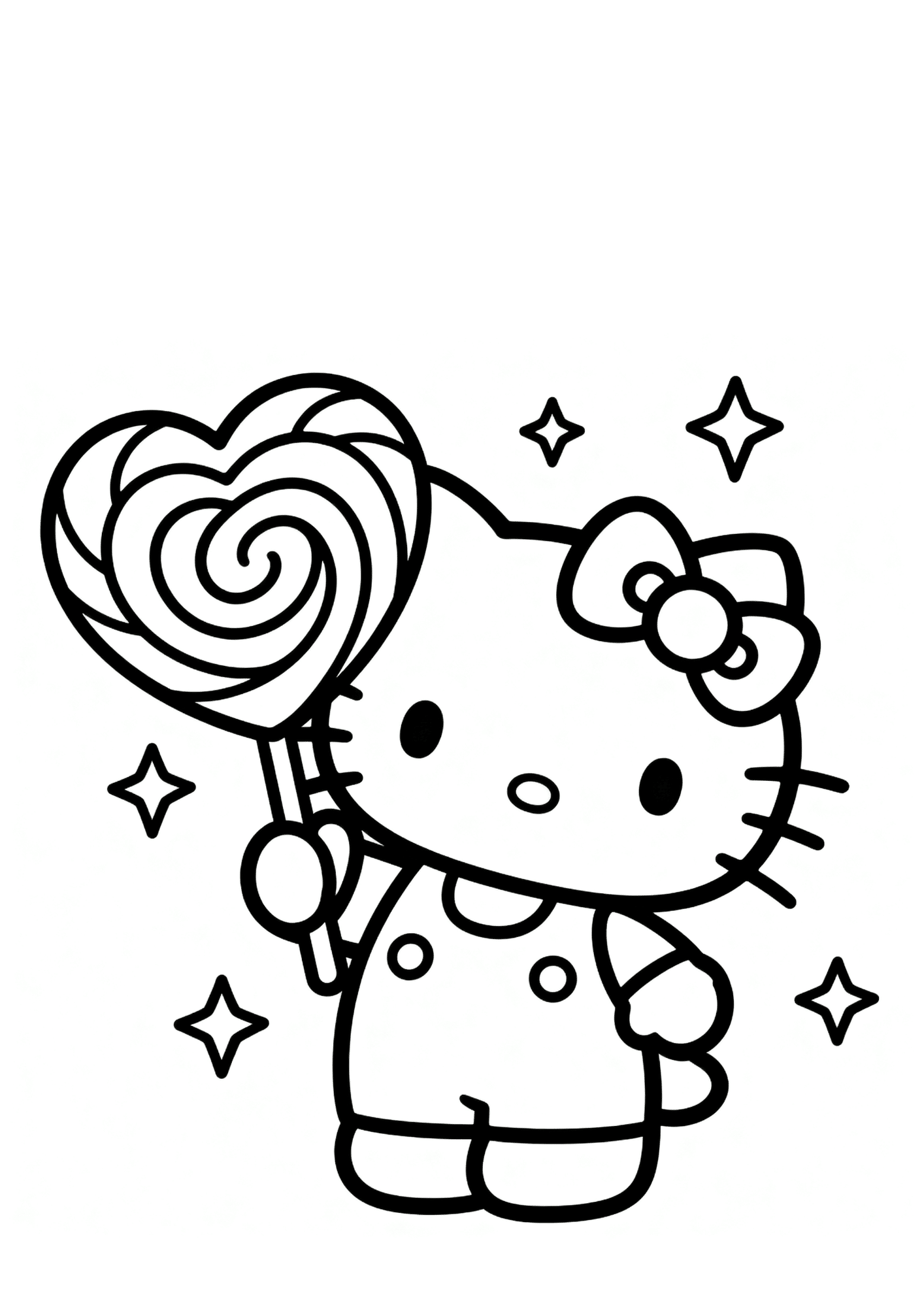 hello kitty holding heart lollipop swirl candy cute coloring page black white outline printable kids sheet sweet design
