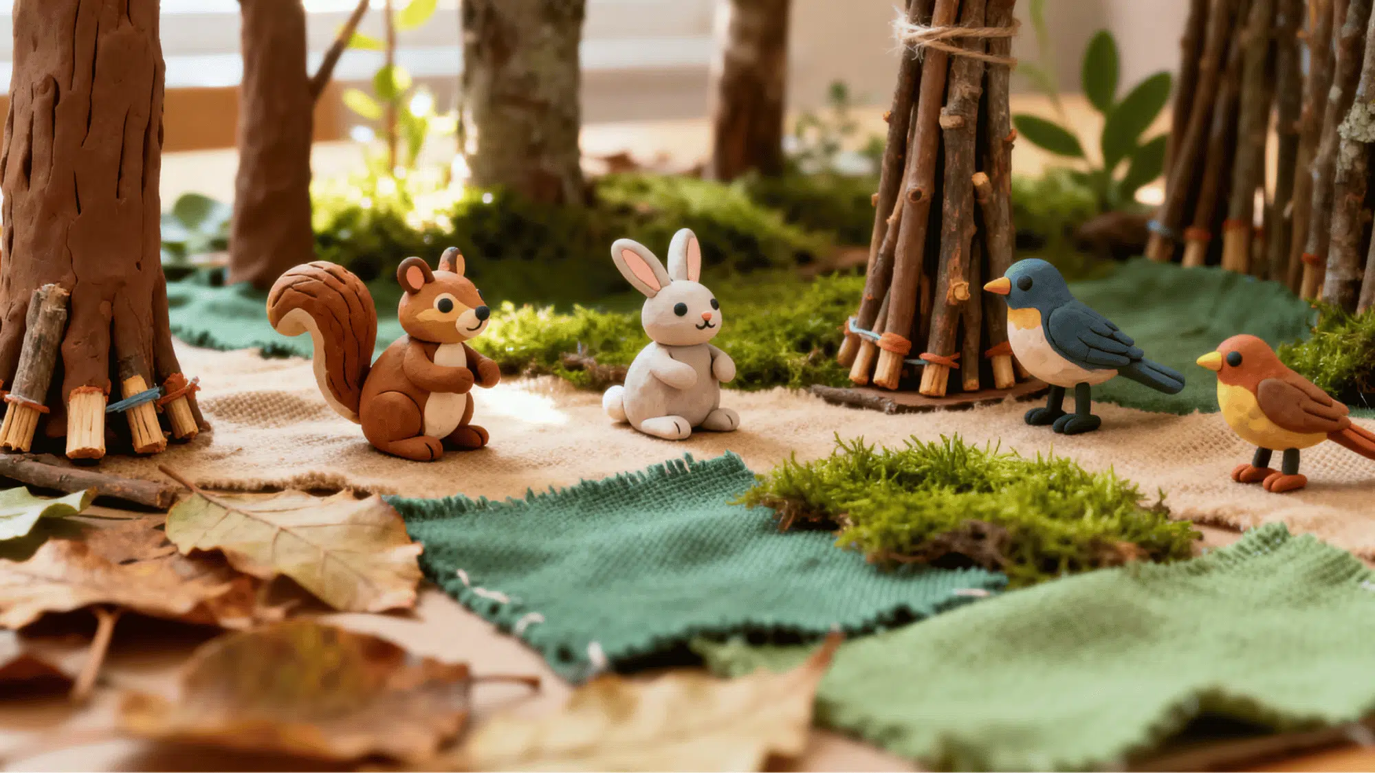 Child’s mixed-media diorama featuring clay animals and natural materials