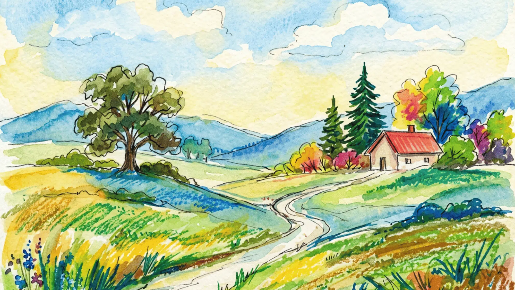 countryside landscape painting with small house winding road trees and soft mountains