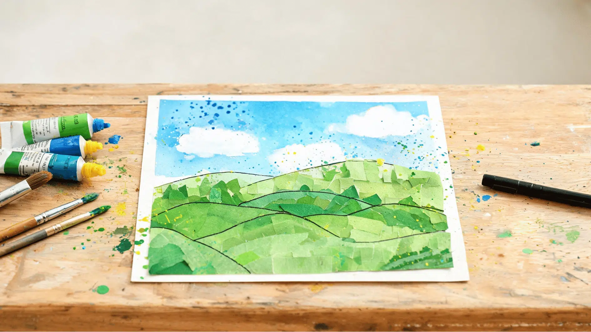 mixed media landscape collage featuring rolling green hills blue sky and painted details