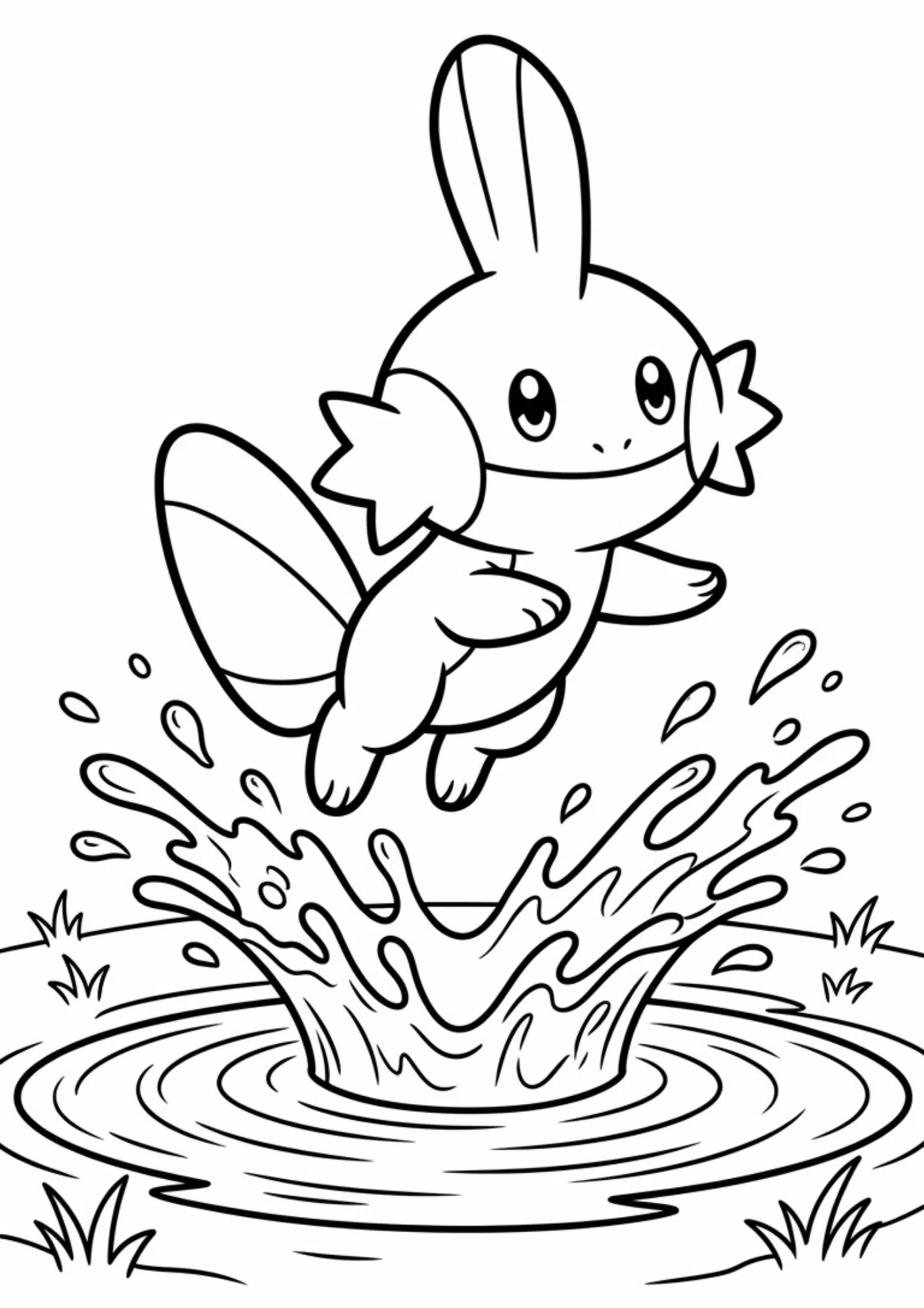 mudkip coloring page printable black outline jumping in puddle kids coloring sheet clean line art white background