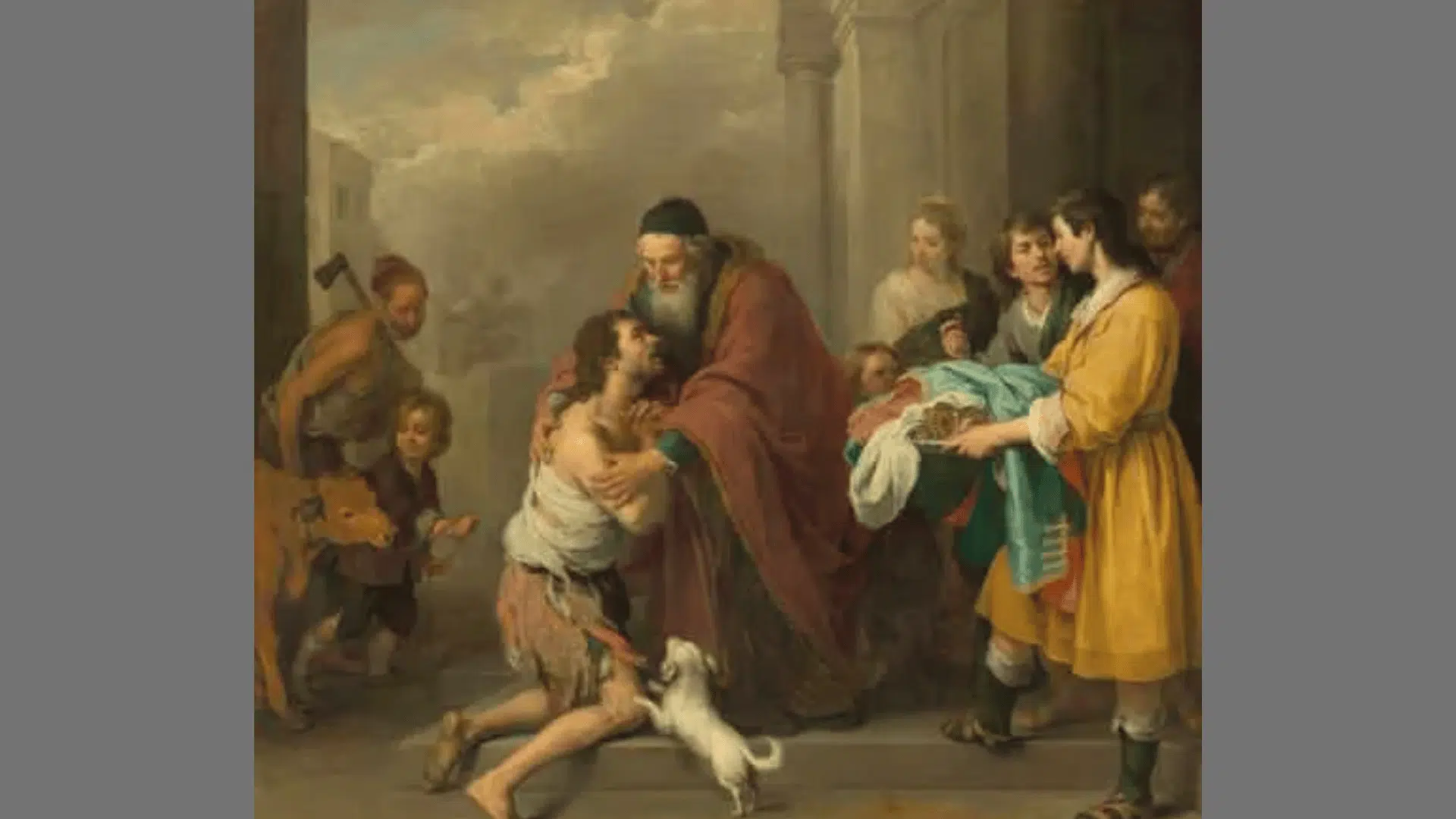Murillo's painting The Return of the Prodigal Son, showing an elderly father embracing his kneeling son