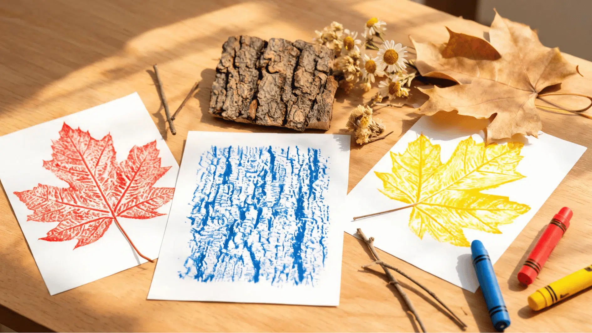 nature texture rubbings created from leaves bark and natural objects using colorful crayons