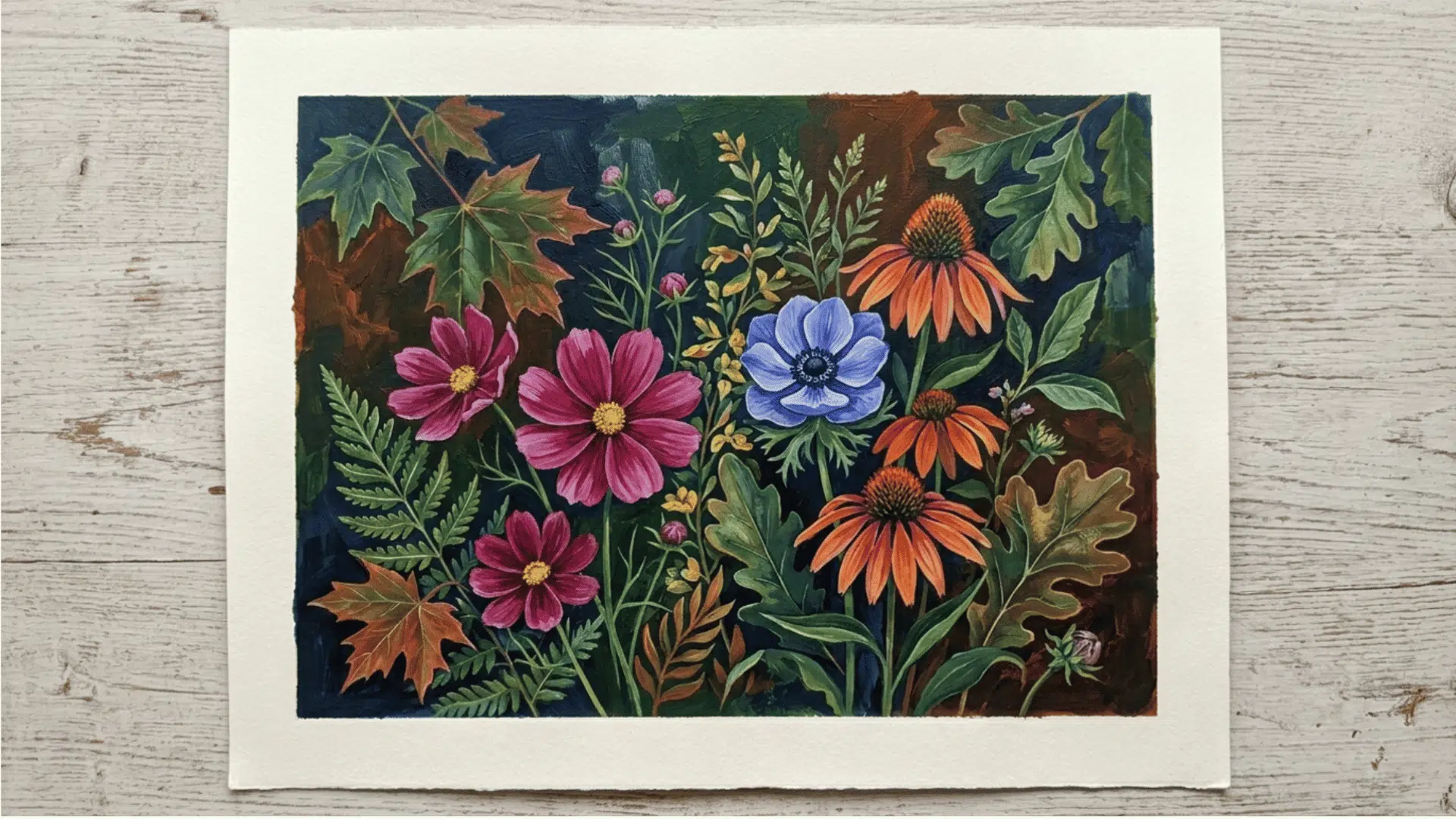 negative painting acrylic artwork highlighting flowers through painted background spaces