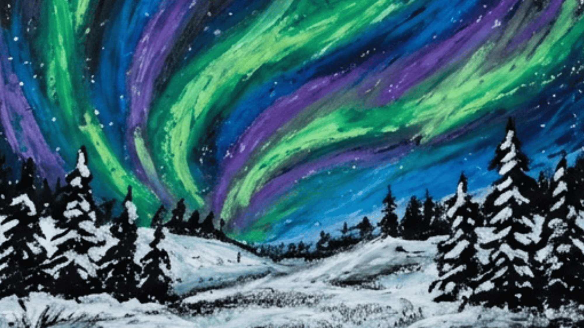 northern lights painting with snowy trees glowing sky and peaceful winter path