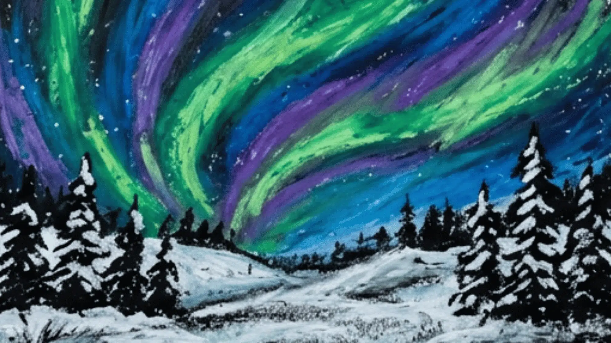 northern lights painting with snowy trees glowing sky and peaceful winter path