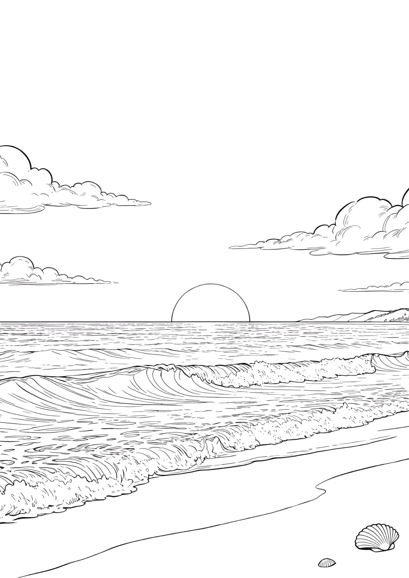 sunset over calm ocean waves coloring page black outline beach horizon simple line art for kids