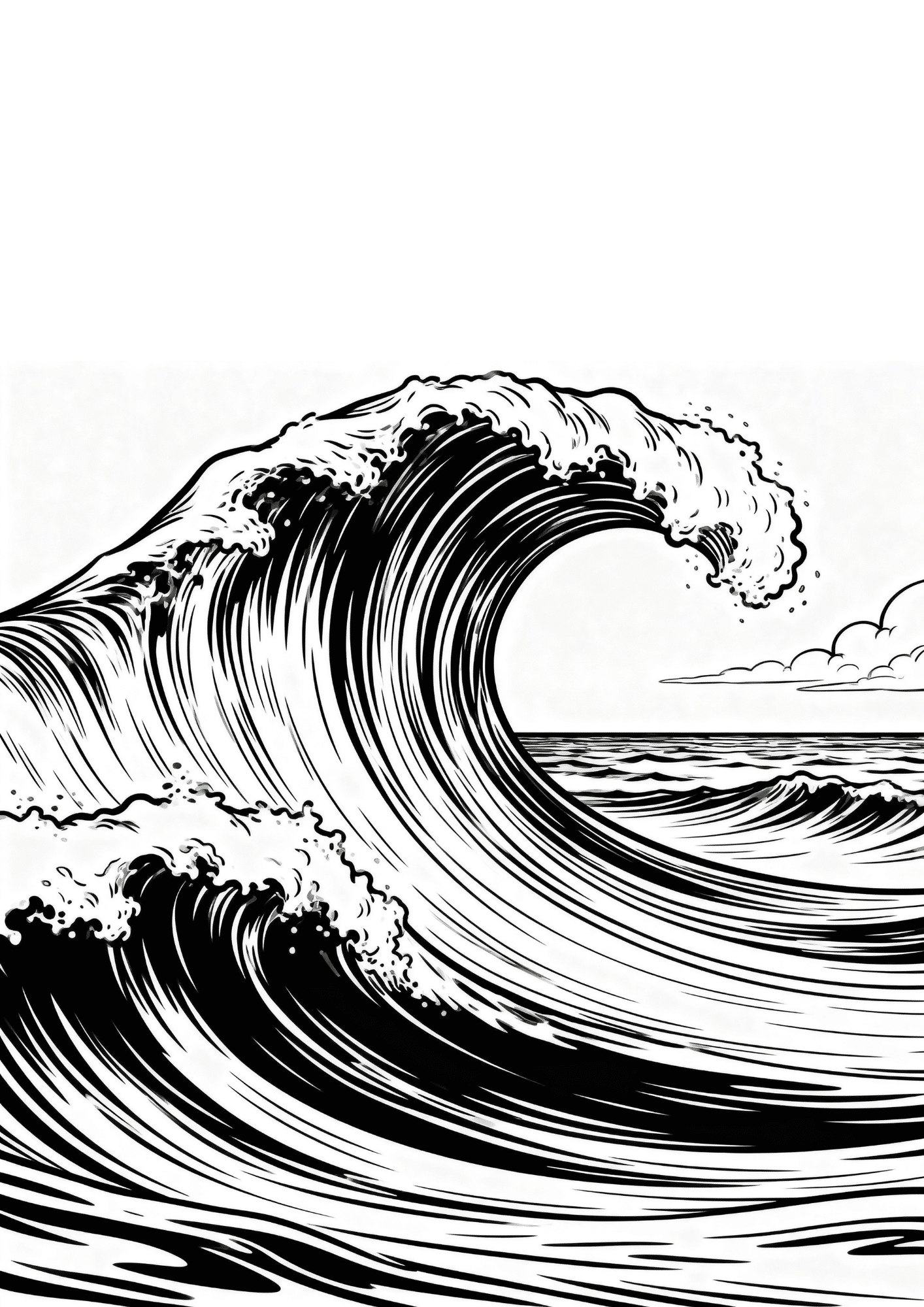 ocean waves crashing with strong motion black outline coloring page dramatic sea wave scene for kids printable art