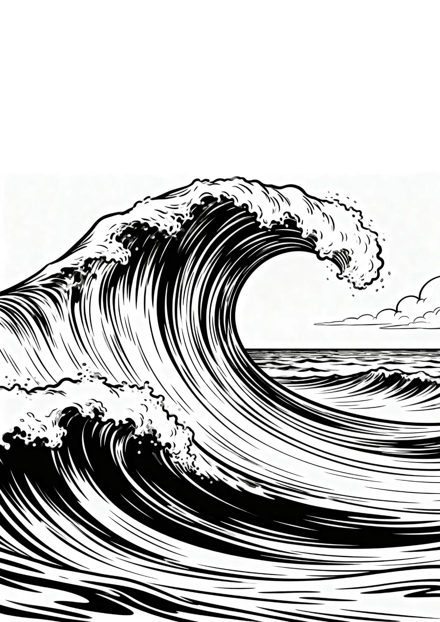 ocean waves crashing with strong motion black outline coloring page dramatic sea wave scene for kids printable art