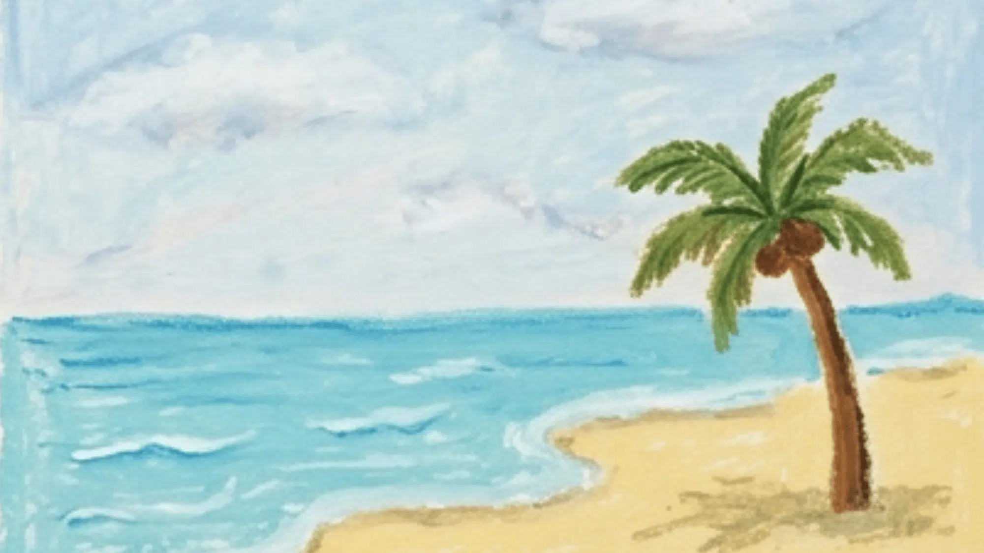 tropical beach painting with palm tree ocean waves sandy shore and soft sky