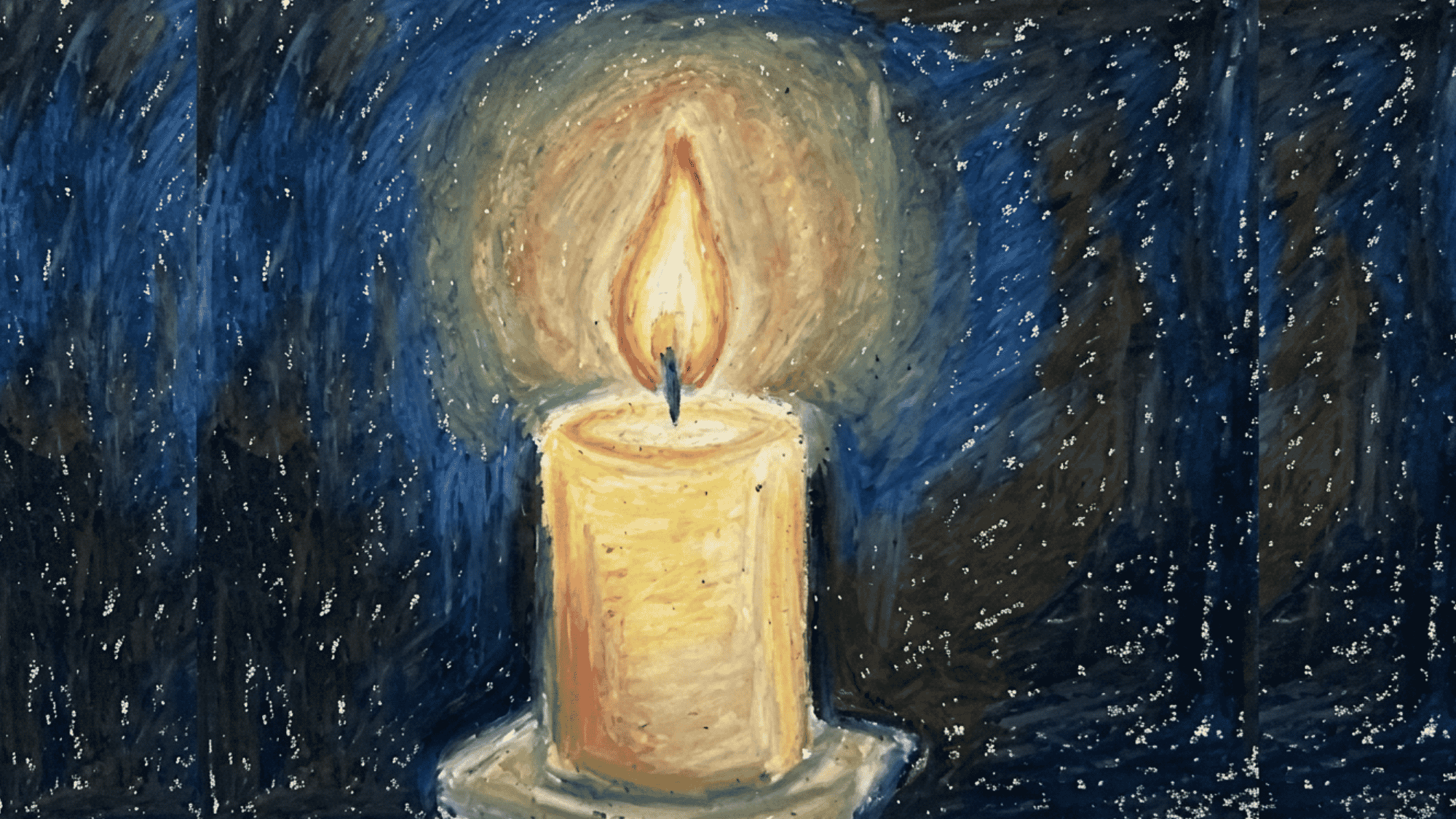 candle painting with glowing flame dark blue background and warm peaceful light