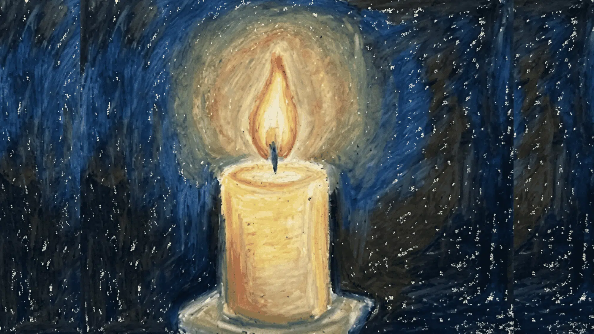 candle painting with glowing flame dark blue background and warm peaceful light