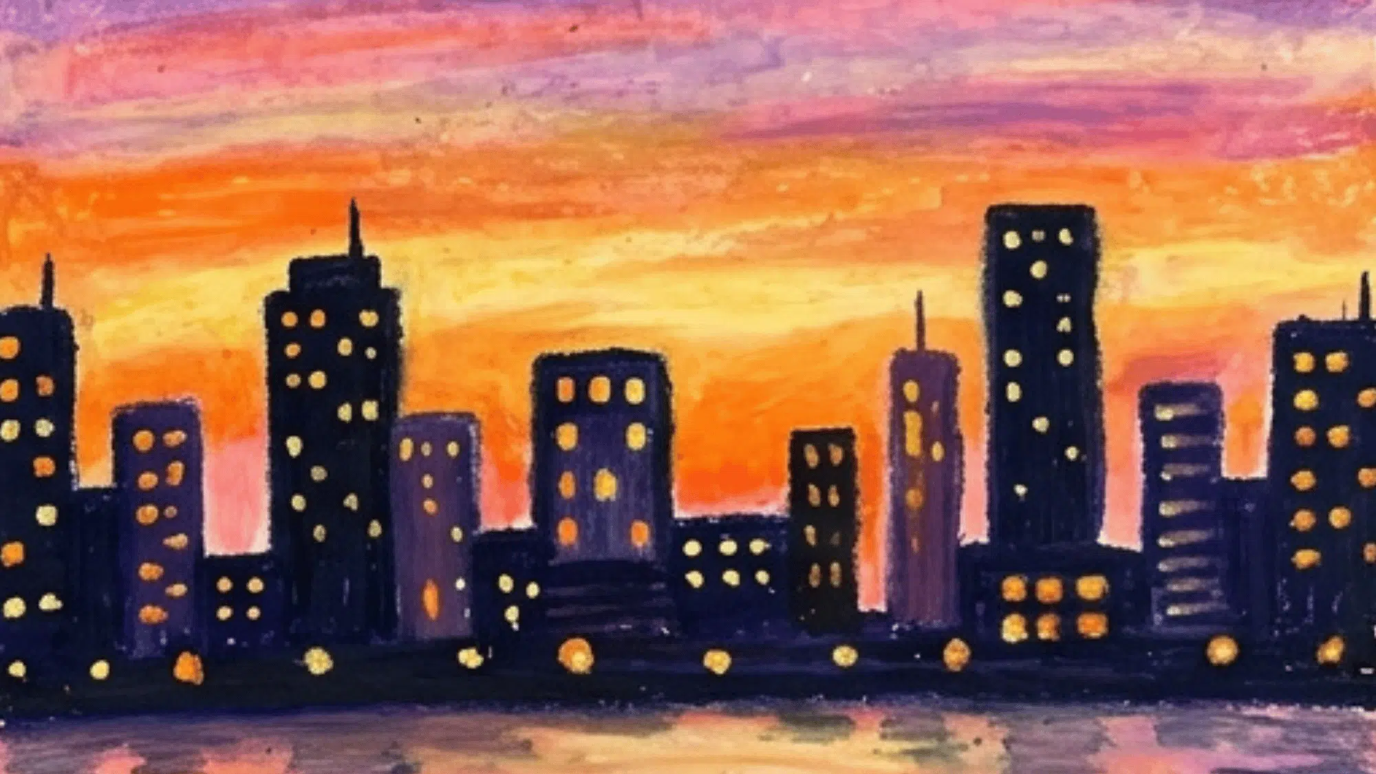 city skyline sunset painting with dark buildings glowing windows and orange evening sky