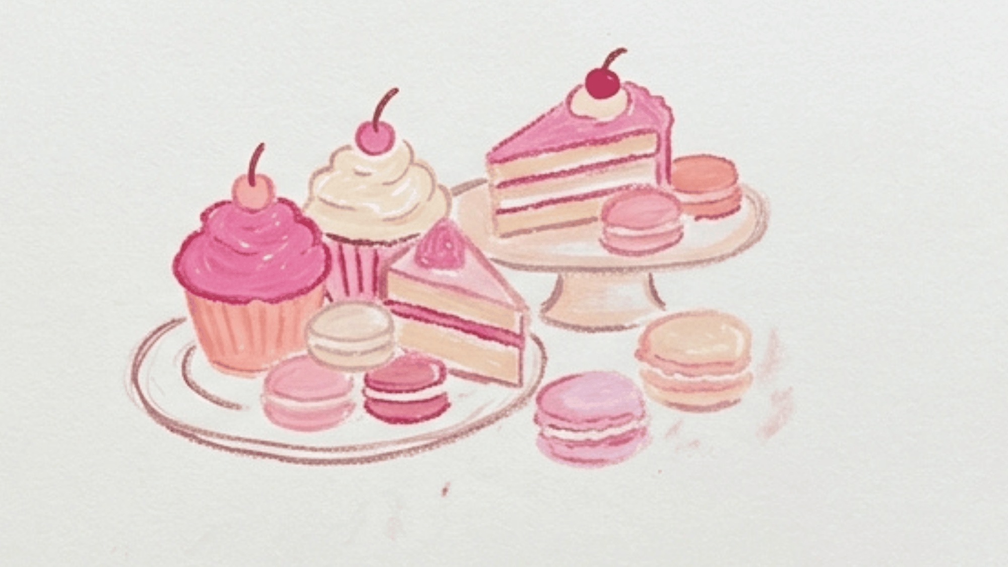 pink dessert painting with cupcakes cake slices macarons and sweet pastel details