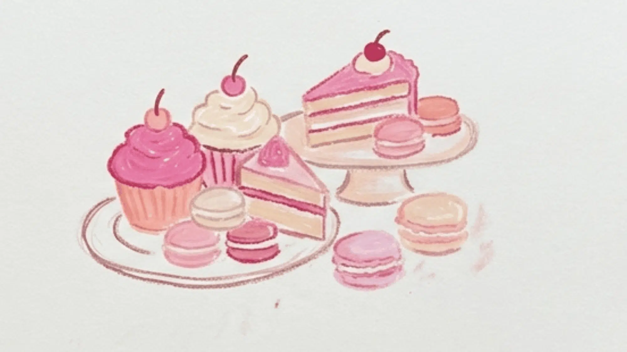 pink dessert painting with cupcakes cake slices macarons and sweet pastel details
