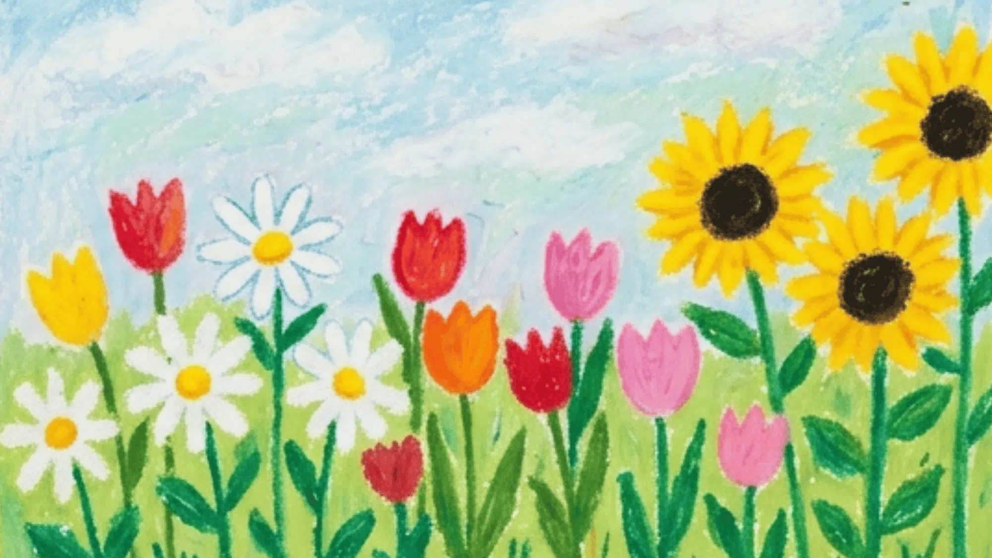 colorful flower garden painting with tulips daisies sunflowers and bright spring sky