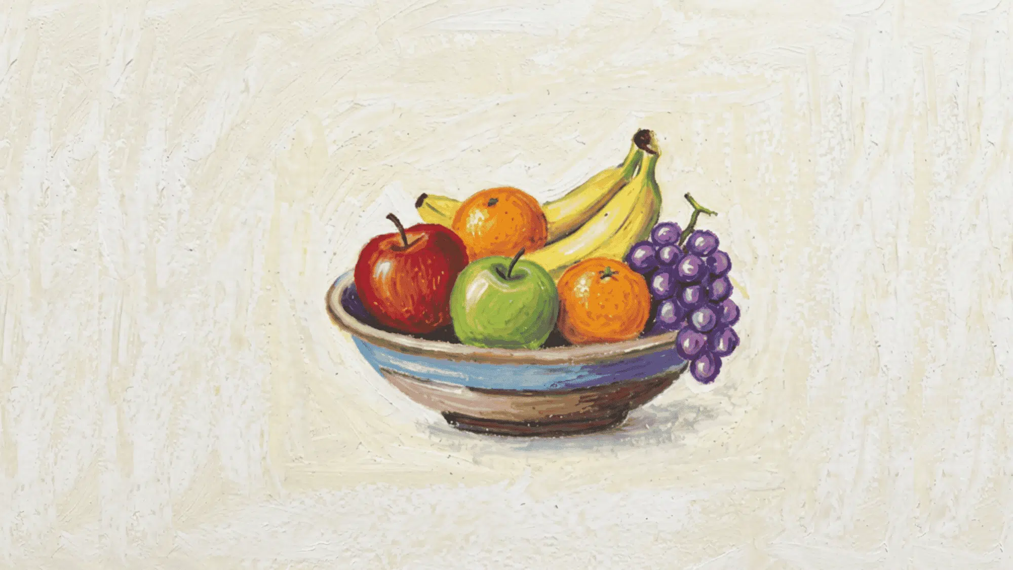 fruit bowl painting with apples bananas orange grapes and soft creamy background